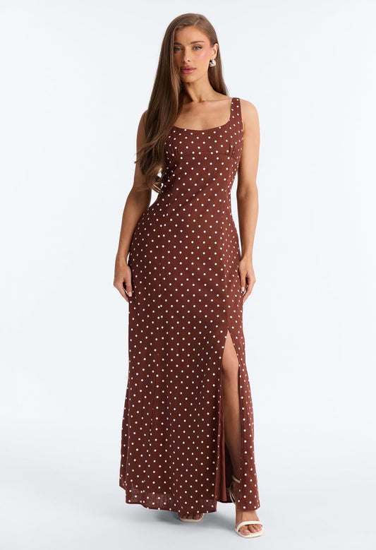 Polka Dot Linen Garden Party Dress (Brown)