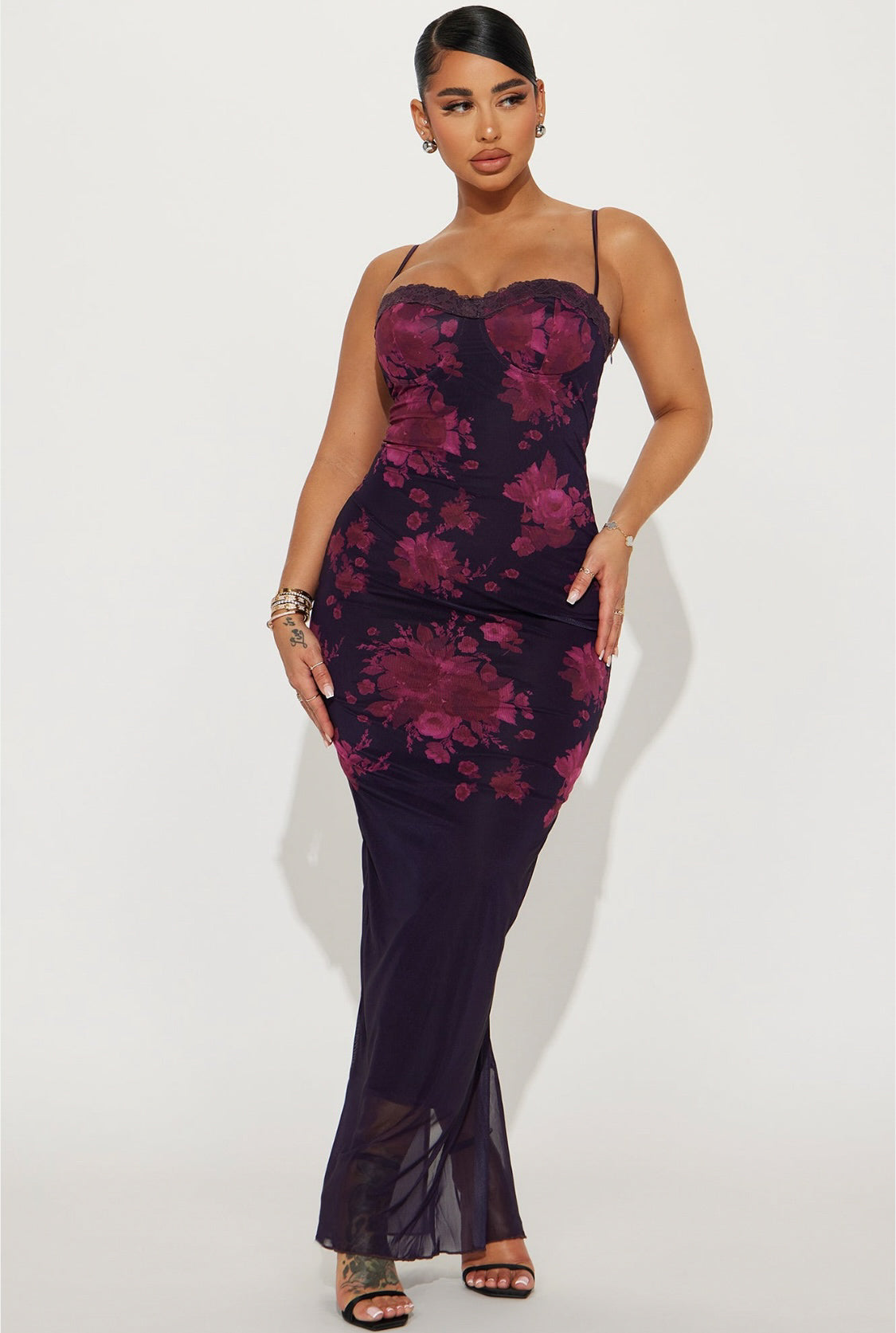 Enova Plus Floral Bustier Sphaghetti Straps Long Mesh Dress (Purple)