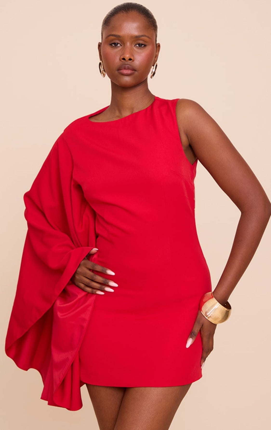 Pretty Xmas Asymetrical Cape Gabardine Dress (Red)