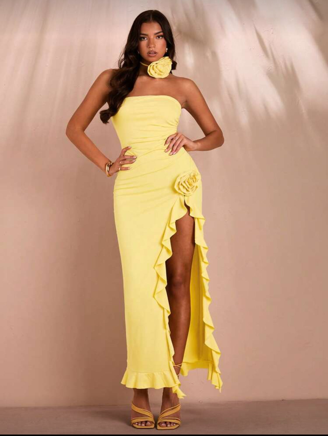 Bees Ruffles Flower Collar Bustier Long Dress (Yellow)
