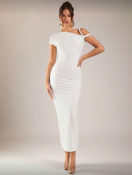 Mathilde Twisted Sleeves Asymmetrical Long Cotton Blend Dress (White)