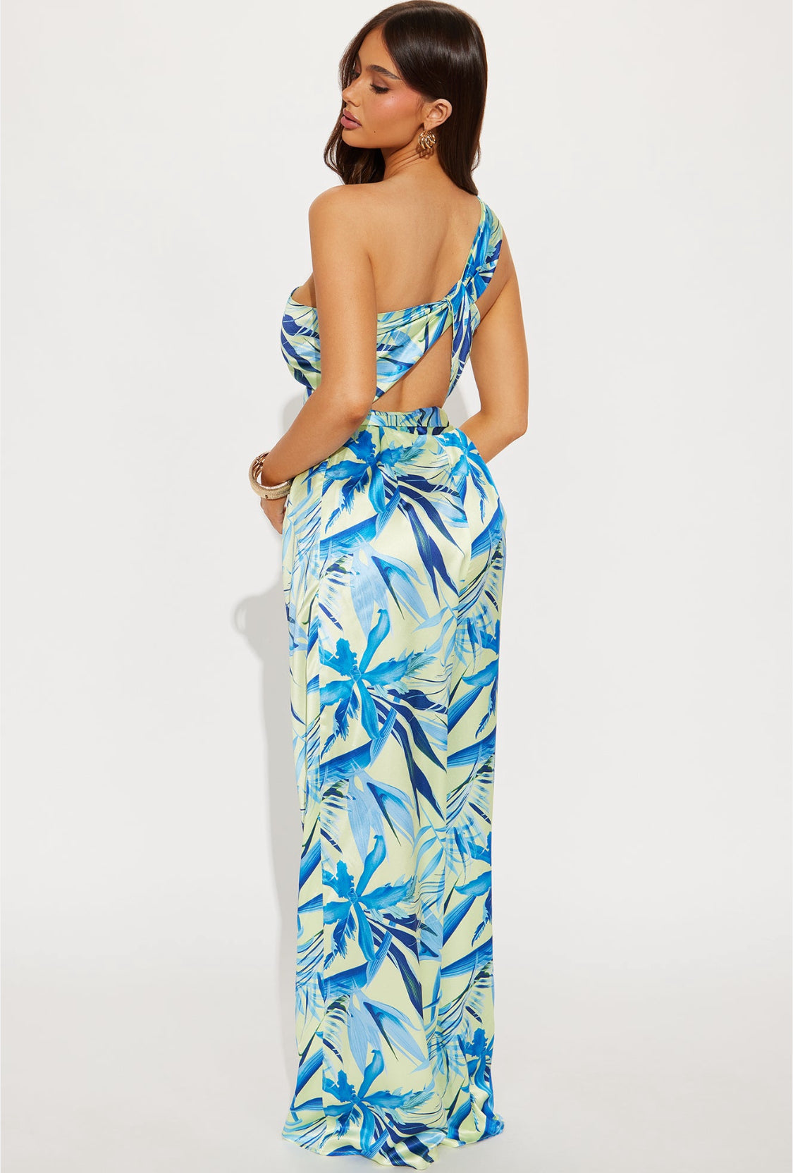 Fiji Satin Buckle Backless One Shoulder Satin Jumpsuit- (Blue/ Green)