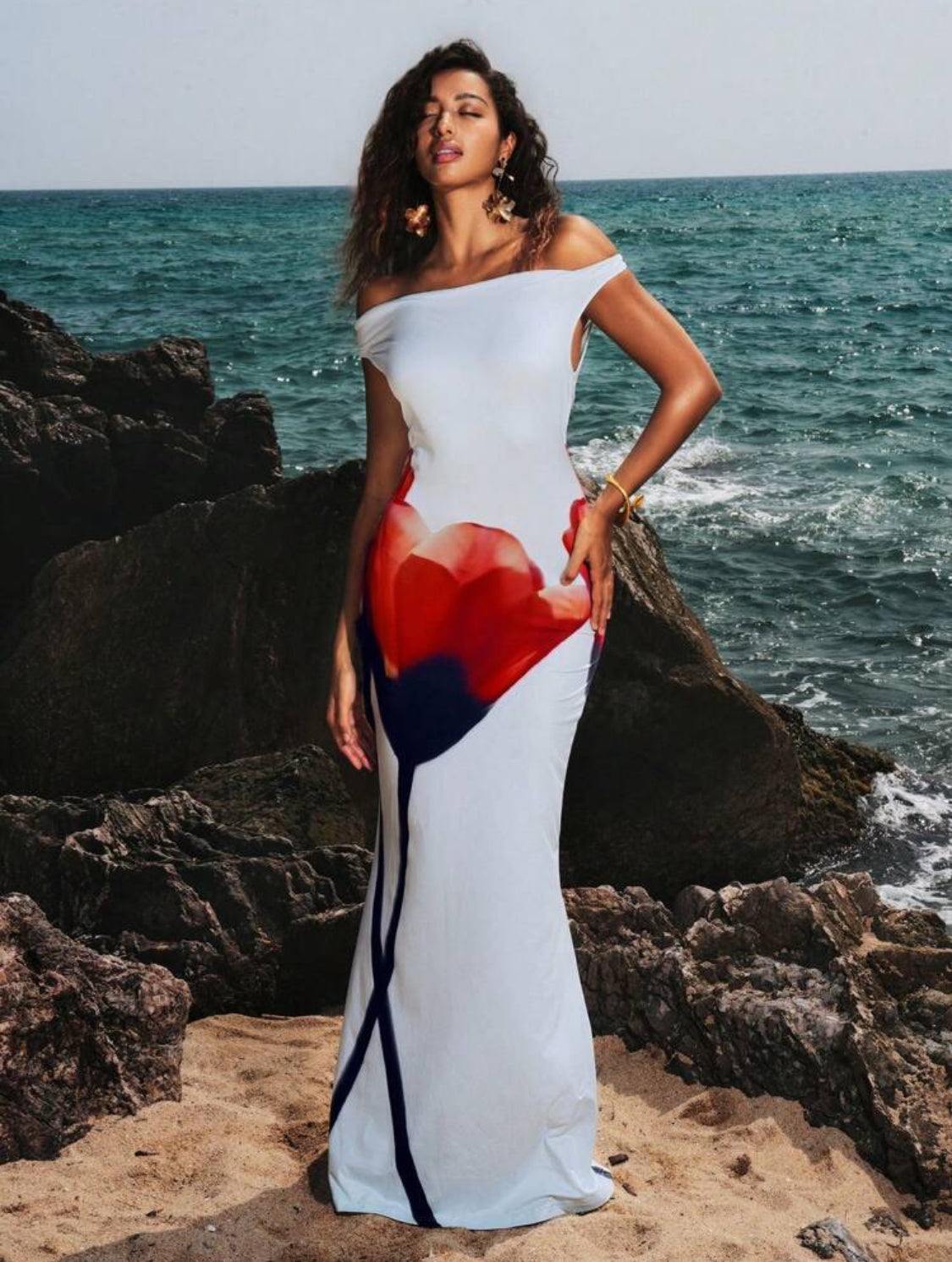 Gizelle Floral Off Shoulder Cowl Dress (White/Red)