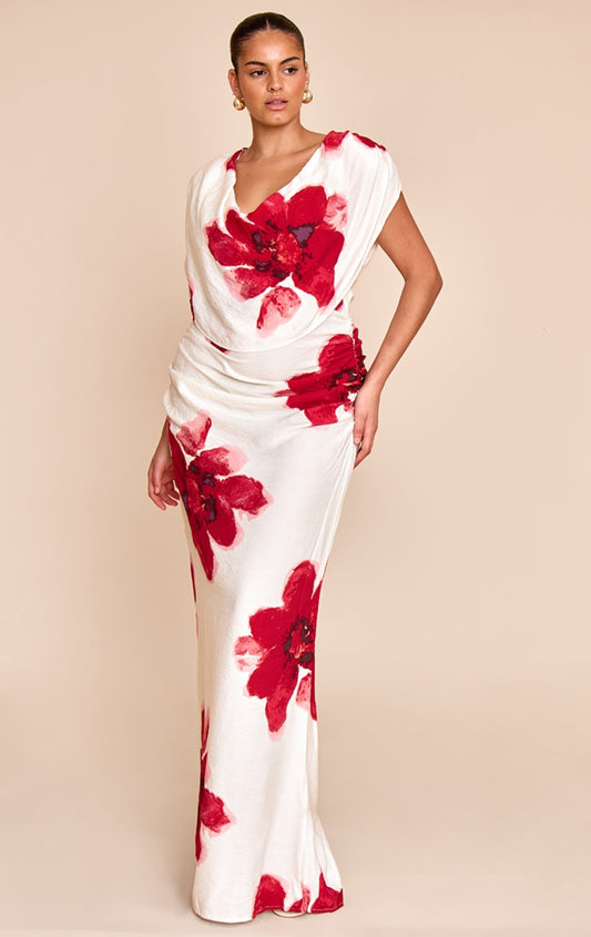 Pilar Plus Floral Extreme Cowl Ruched Dress (White/Red)