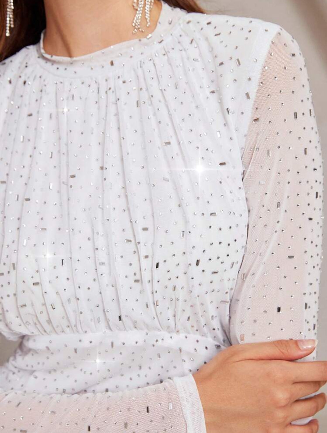 Molly Rhinestones Halter Long Sleeves Dress (White)