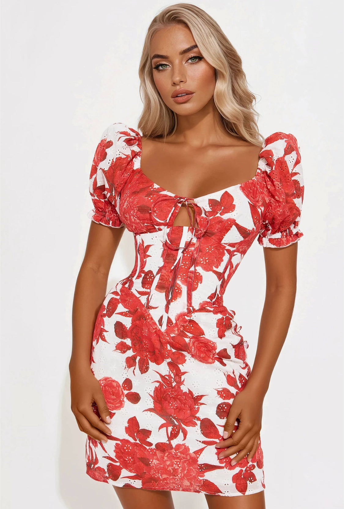 Derenisa Rose Floral Eyelet Mini Dress (Red/White)