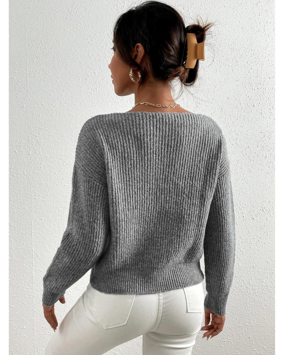 Gray Pearl Beaded Drop Shoulder Cross Sweater