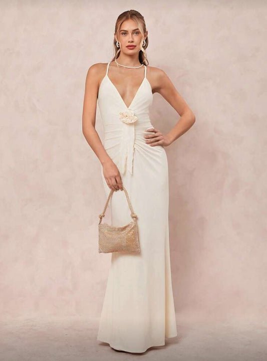 Amorya Elegant V-Neck Sphaghetti Strap Flower Long Dress (Apricot)