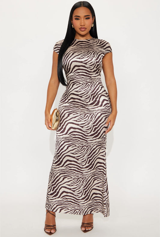 Massela Satin Zebra Print Short Cut Sleeves Maxi Dress (Brown/Beige)