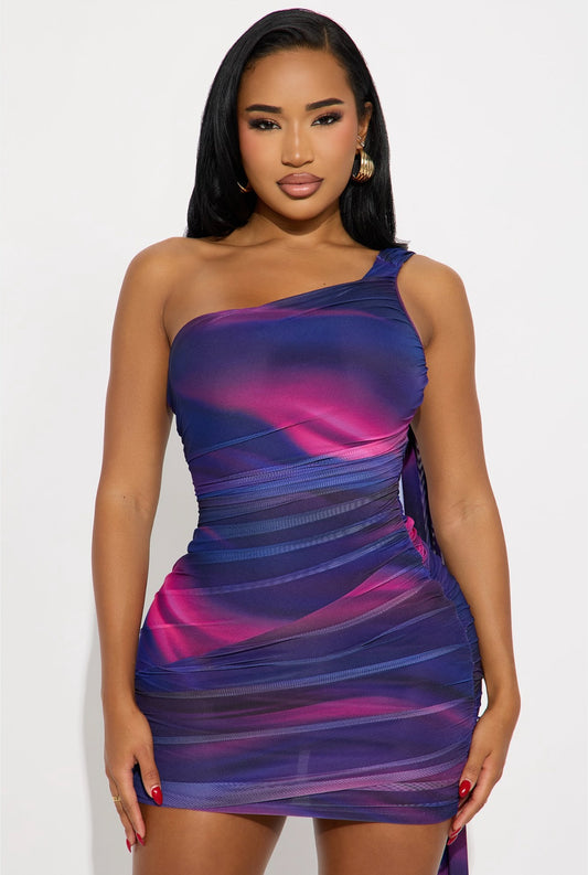Borea One Shoulder Neck Mesh Mini Dress (Purple)