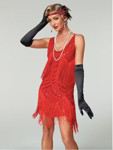 Amaryllis Gatsby Elegant Sequin Tassel Straps Dress (Red)