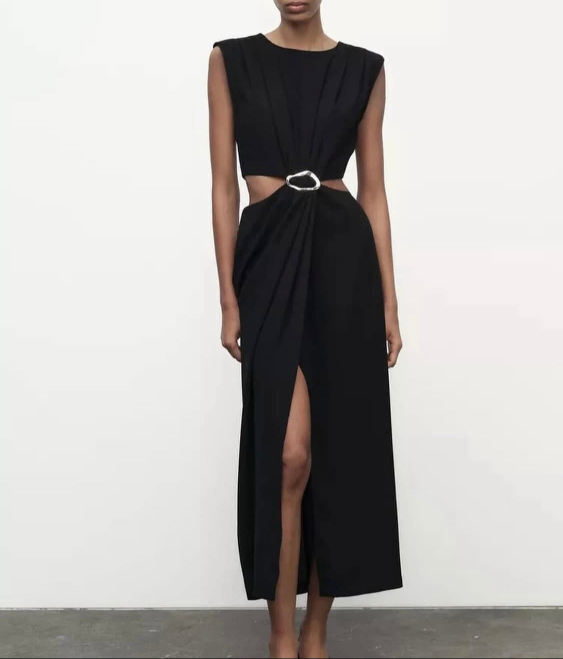 Zara Inspired Wavy Buckle Cut Out Satin Dress (Black)