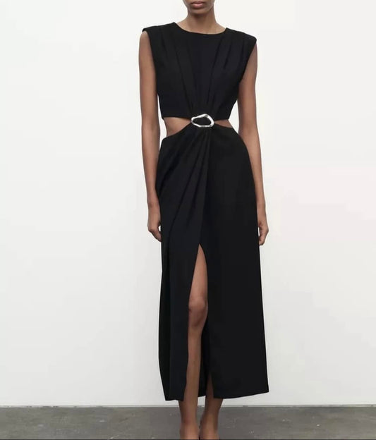 Zara Inspired Wavy Buckle Cut Out Satin Dress (Black)