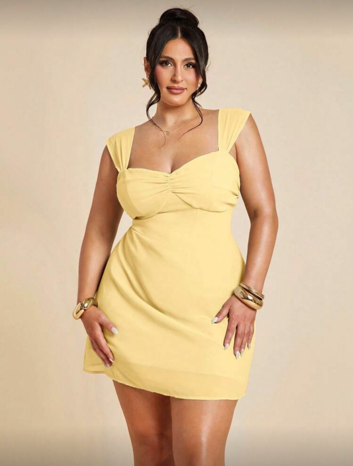 Ruth Large Straps Plus Size Bustier Chiffon Dress (Yellow)