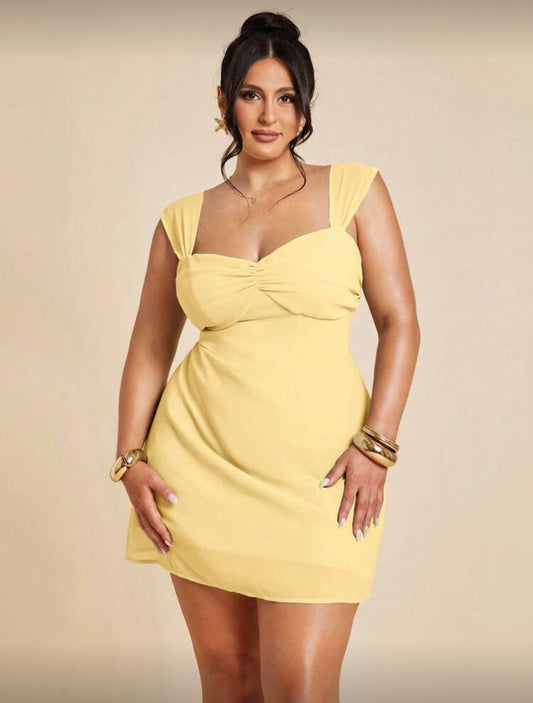 Ruth Large Straps Plus Size Bustier Chiffon Dress (Yellow)