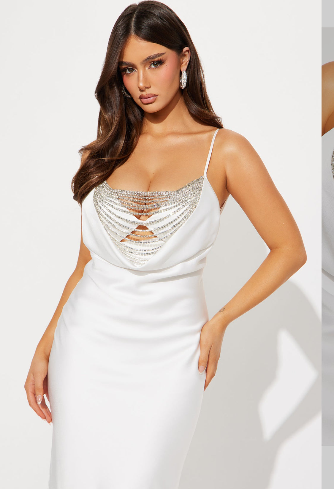 Cassandra Rhinestone Satin Maxi Satin Dress (White)