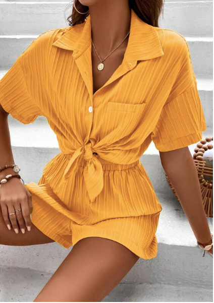 Anna Drop Shoulder Pocket Patched Shirt & Short Co-Ords-2PCS (Yellow)