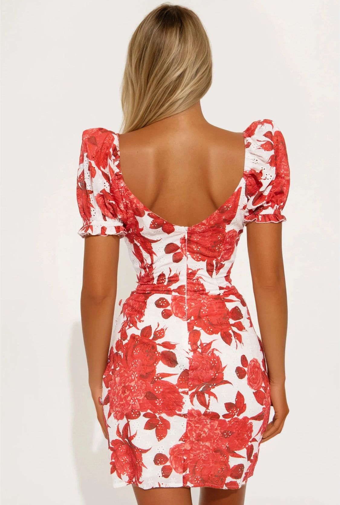 Derenisa Rose Floral Eyelet Mini Dress (Red/White)