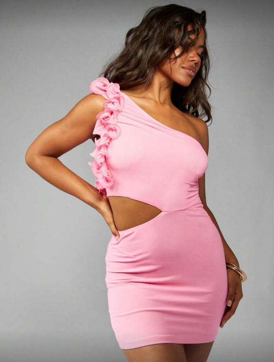 Miss Emara Flower Side Cut Off One Shoulder Dress (Pink)