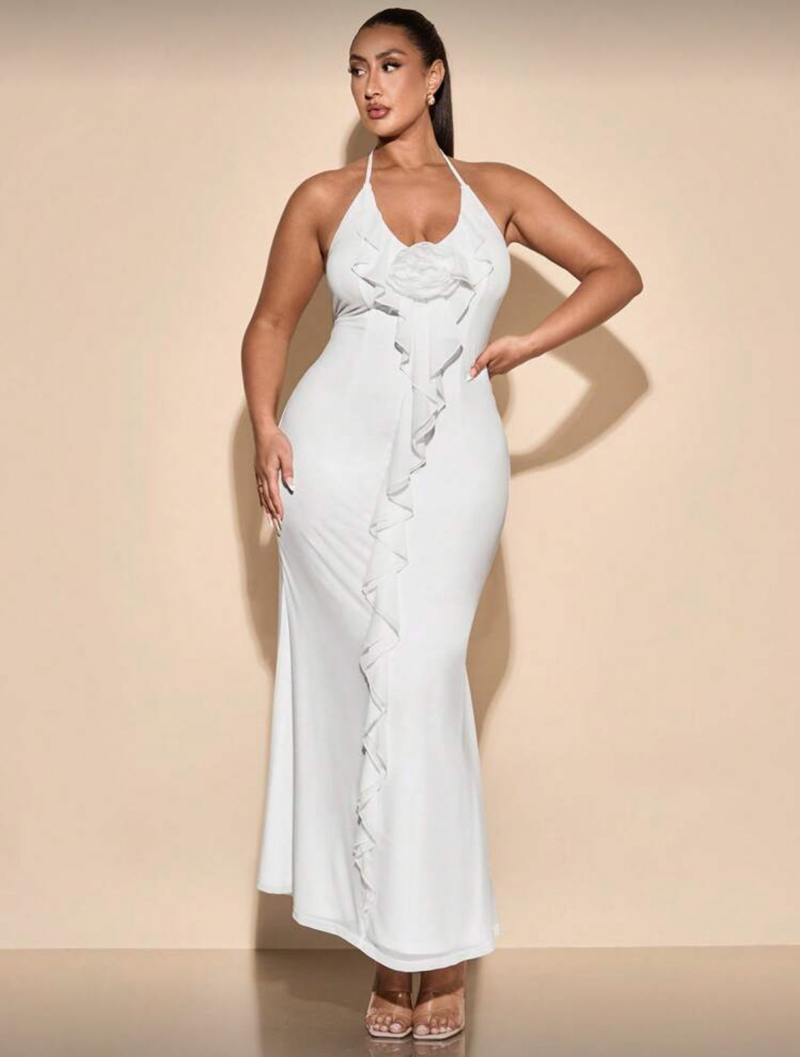 Iris Plus Size Halter Ruffle Long Dress (White)