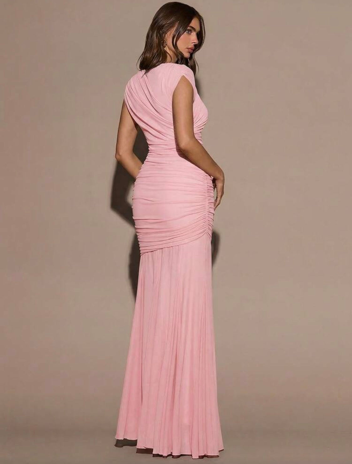 Pink Paradise Ruched Sleeveless Sheer Pleated Mesh Dress (Pink)