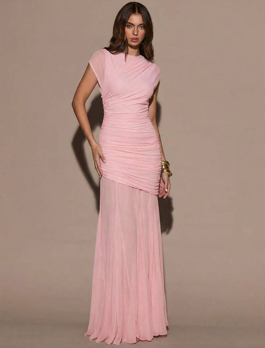 Pink Paradise Ruched Sleeveless Sheer Pleated Mesh Dress (Pink)