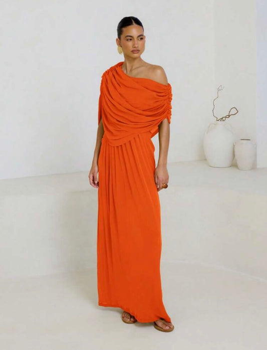 Bali Draped One Shoulder Beach Sheer Cover-Up Mesh Dress (Orange)
