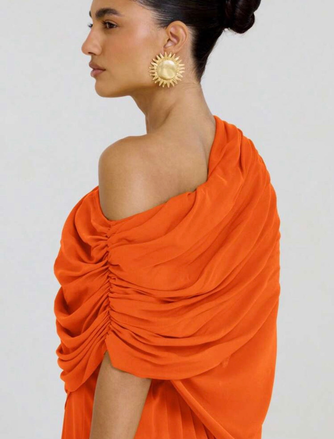 Bali Draped One Shoulder Beach Sheer Cover-Up Mesh Dress (Orange)
