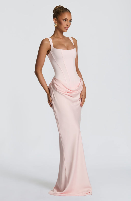 Cornelia Maxi Draped square Neck Maxi Dress (Pink)