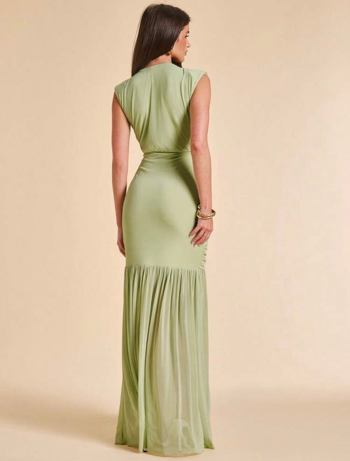 Lily V-neck plunge Pleated Slit Mesh Dress (sage)