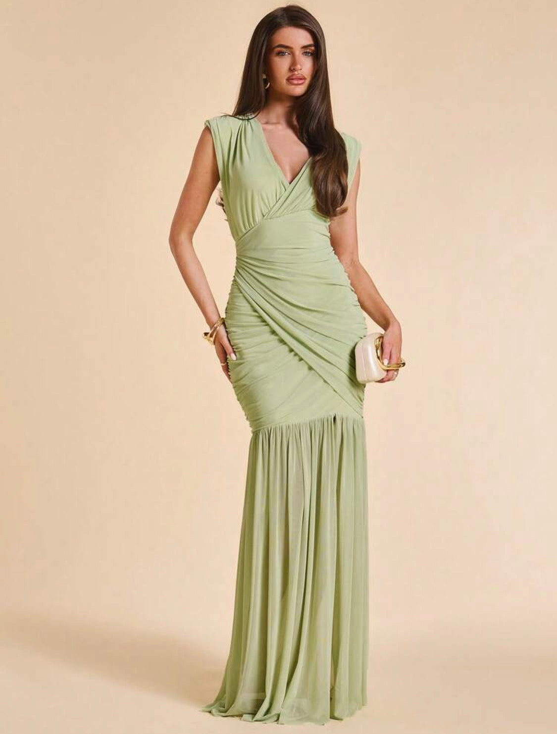 Lily V-neck plunge Pleated Slit Mesh Dress (sage)