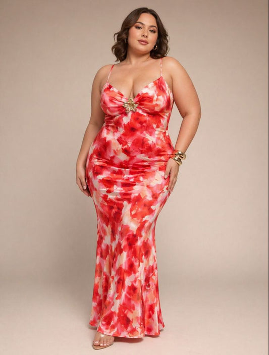 Penny Cami Satin Straps Buckle Flower Dress (Orange)