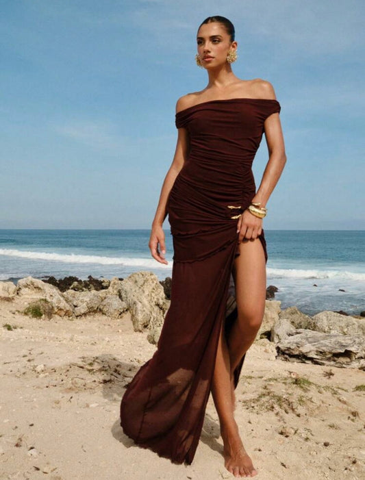 Sara Off Shoulder Ruched Mesh Trendy Buckle Dress (Maroon)
