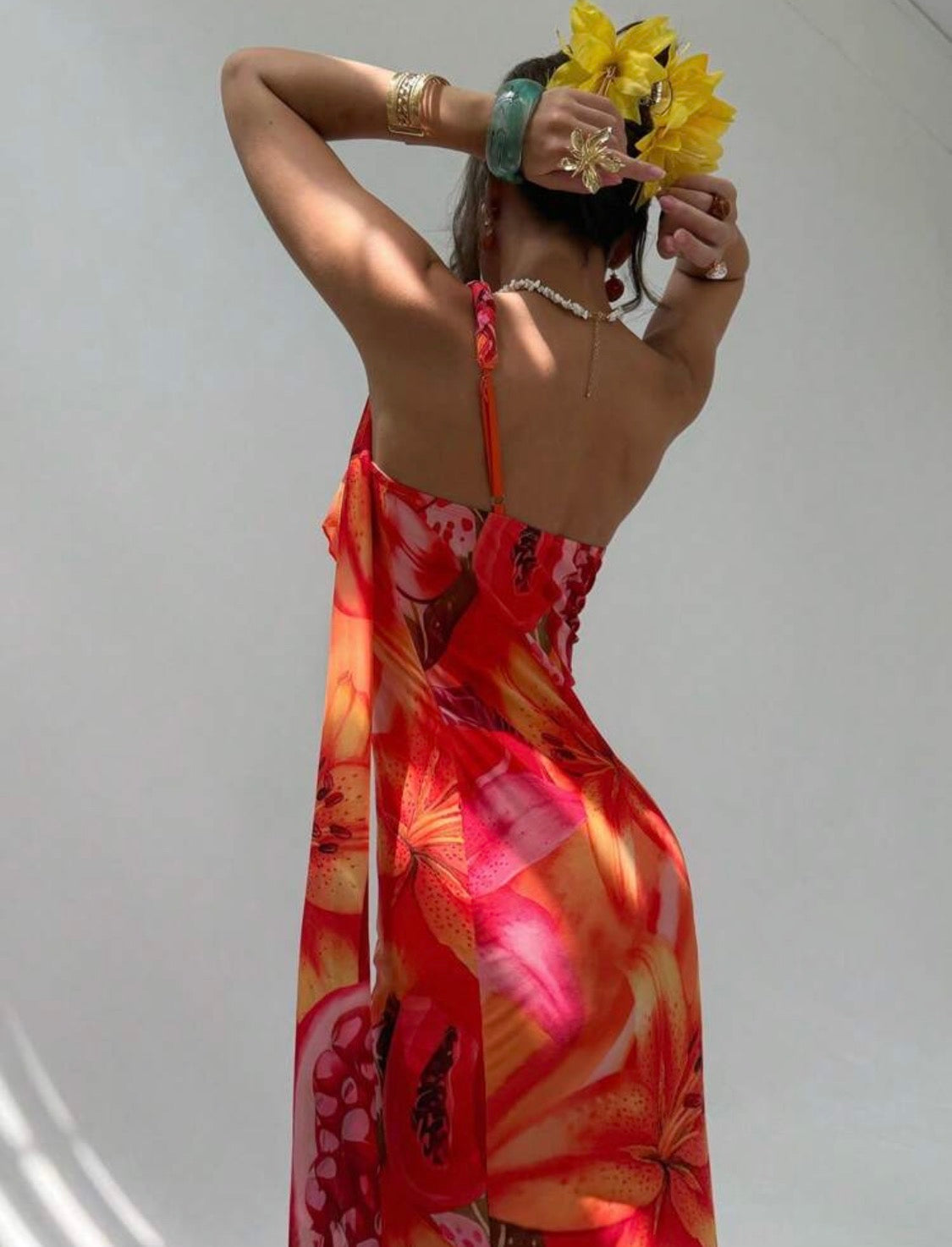 Sofia Floral Tie One Shoulder Mesh Dress (Orange)
