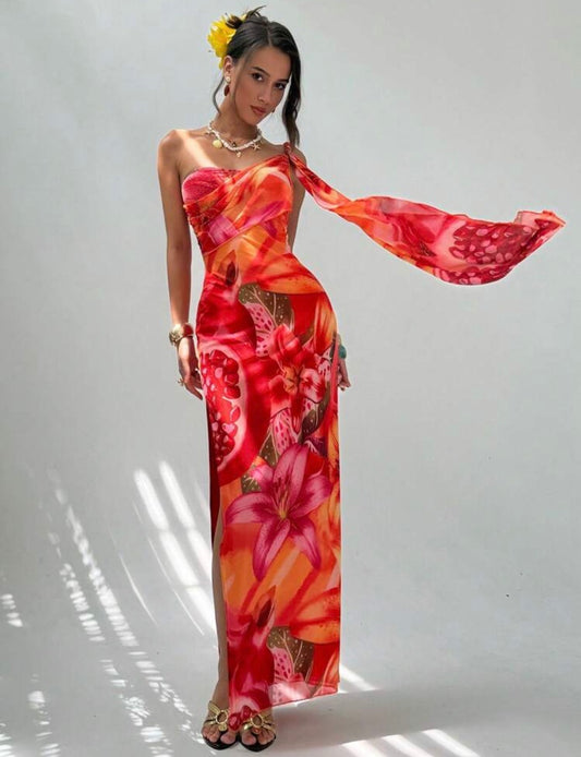 Sofia Floral Tie One Shoulder Mesh Dress (Orange)