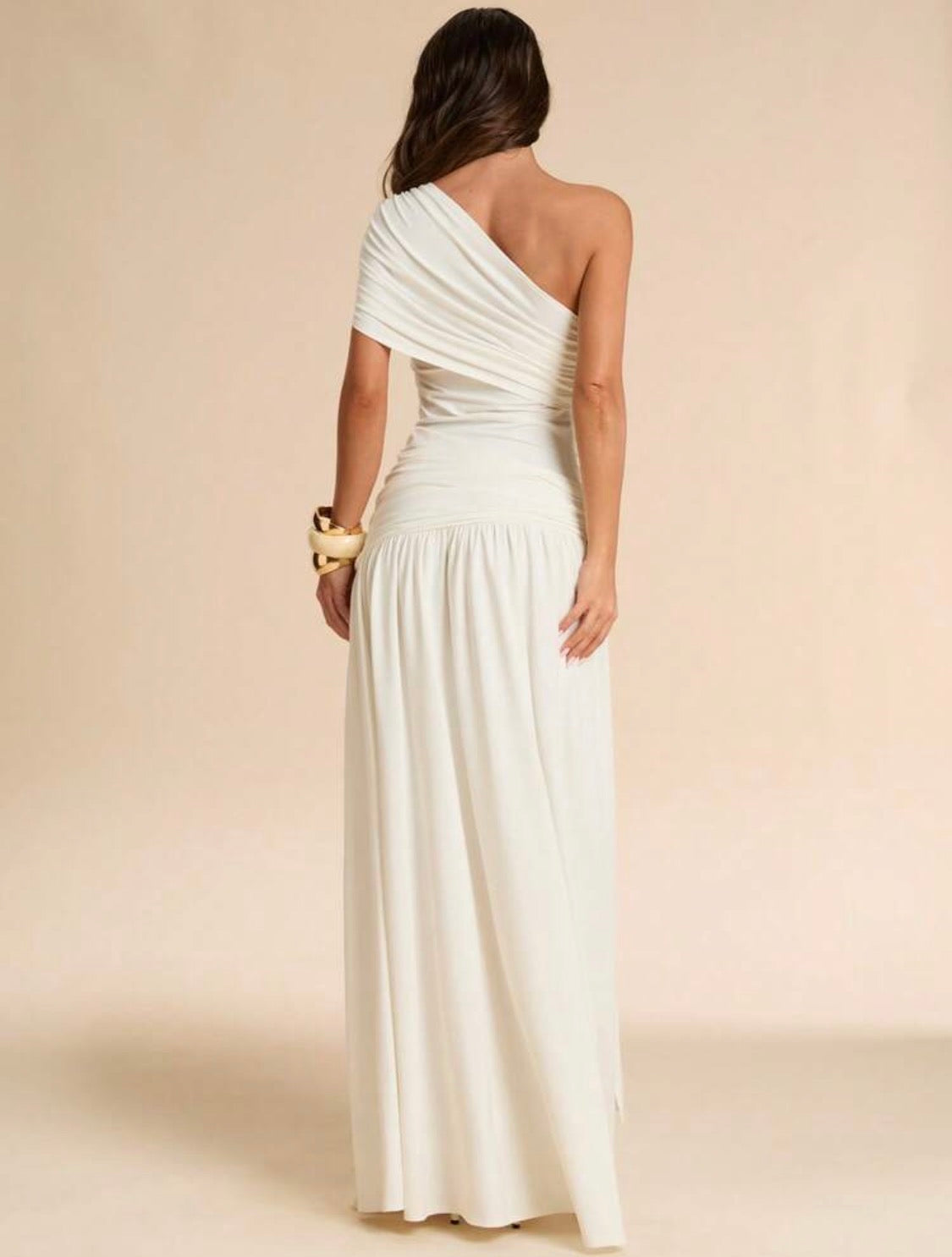 Yris Pleated Asymmetrical Buckle Lycra Dress (White)