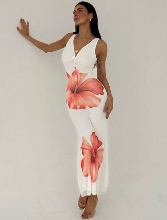 Allure Floral Round Neck Backless Bodycon Maxi Mesh Dress (White/Orange)
