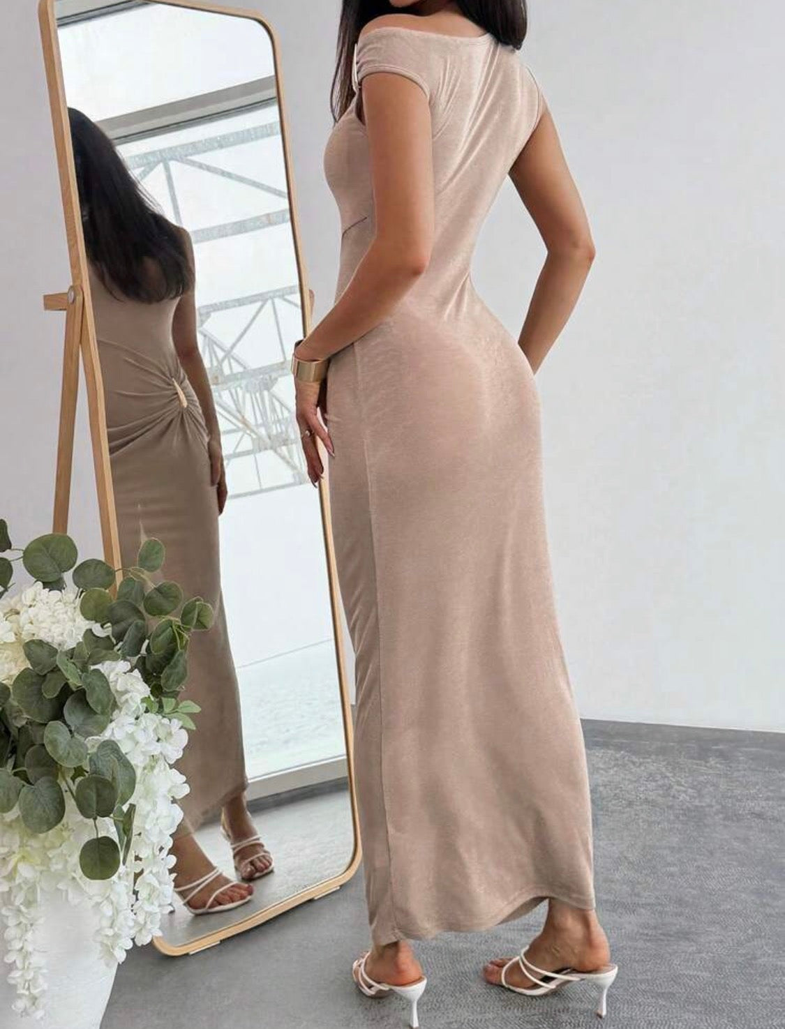 Athena Buckle Tear Asymmetrical Ruched Maxi Dress (Khaki)