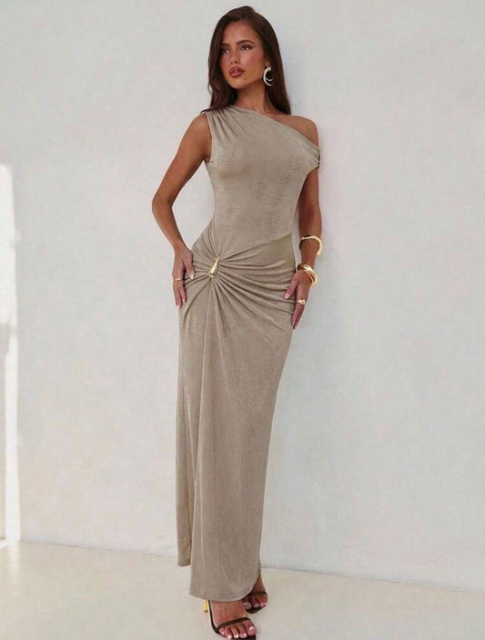 Athena Buckle Tear Asymmetrical Ruched Maxi Dress (Khaki)