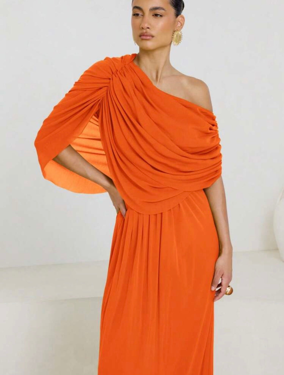 Bali Draped One Shoulder Beach Sheer Cover-Up Mesh Dress (Orange)