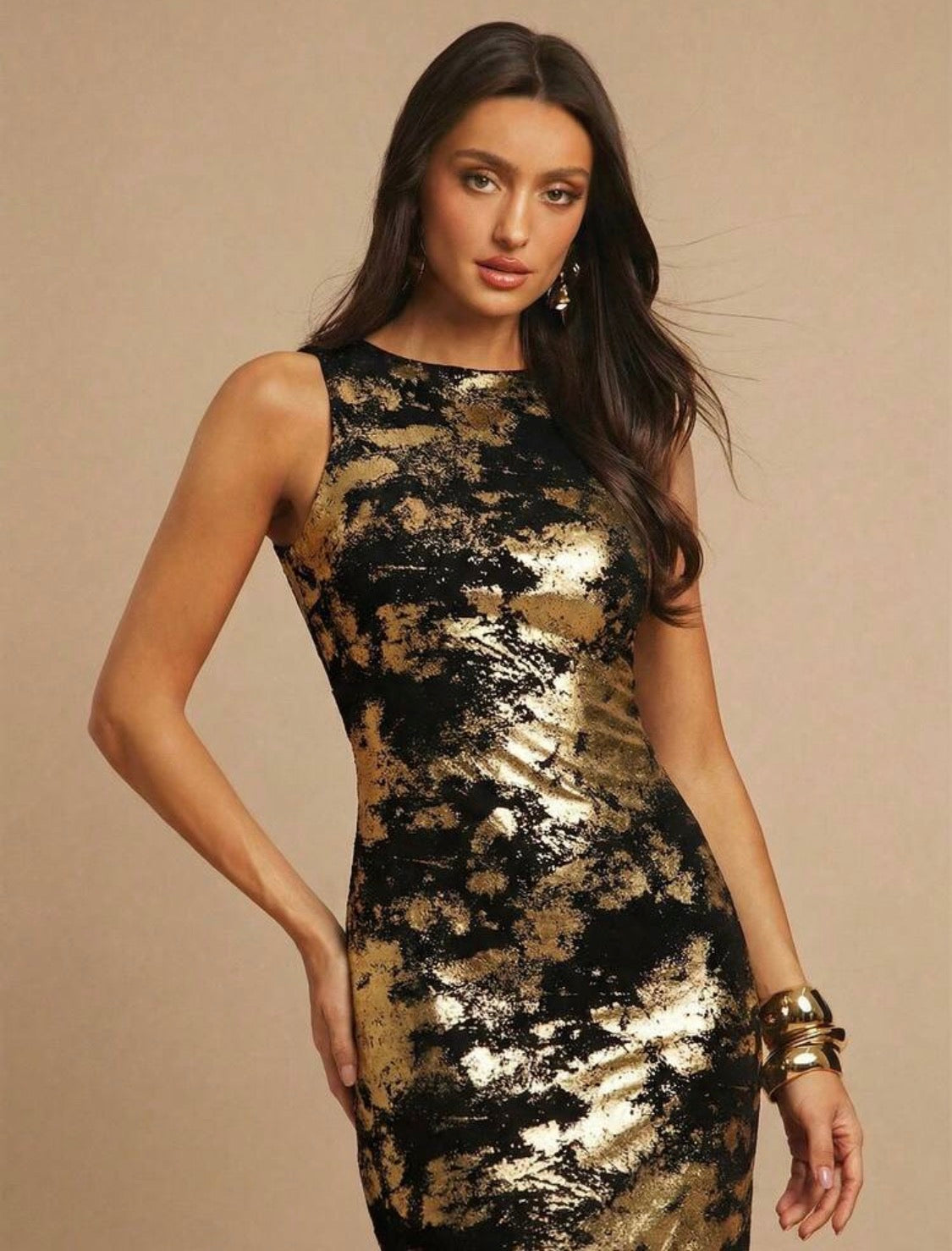 Betz Fav Gold Foil Elegant Sexy Mesh Maxi Dress (Black/Gold)