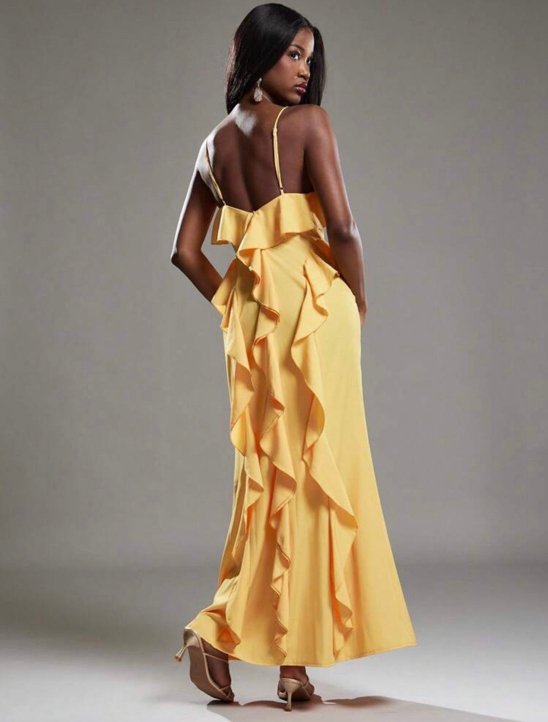 Celestia V-Neck Plunge Ruffles Maxi Dress (Yellow)