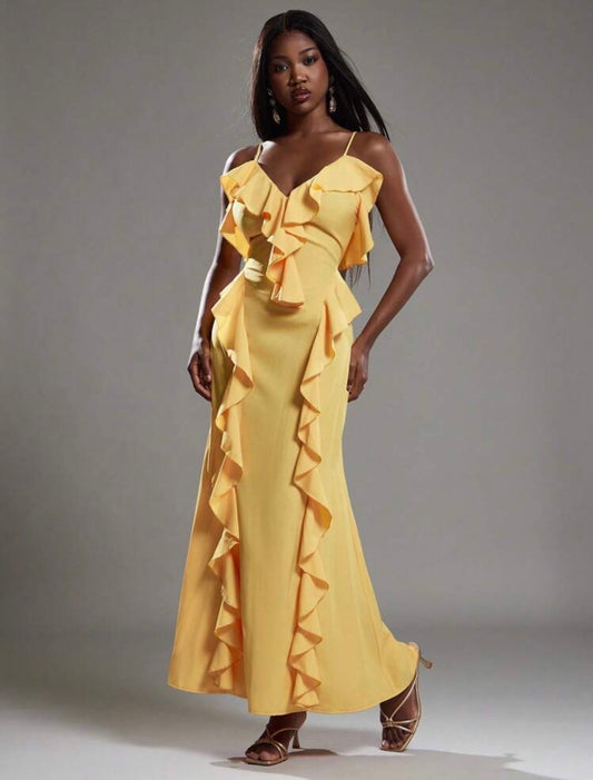 Celestia V-Neck Plunge Ruffles Maxi Dress (Yellow)