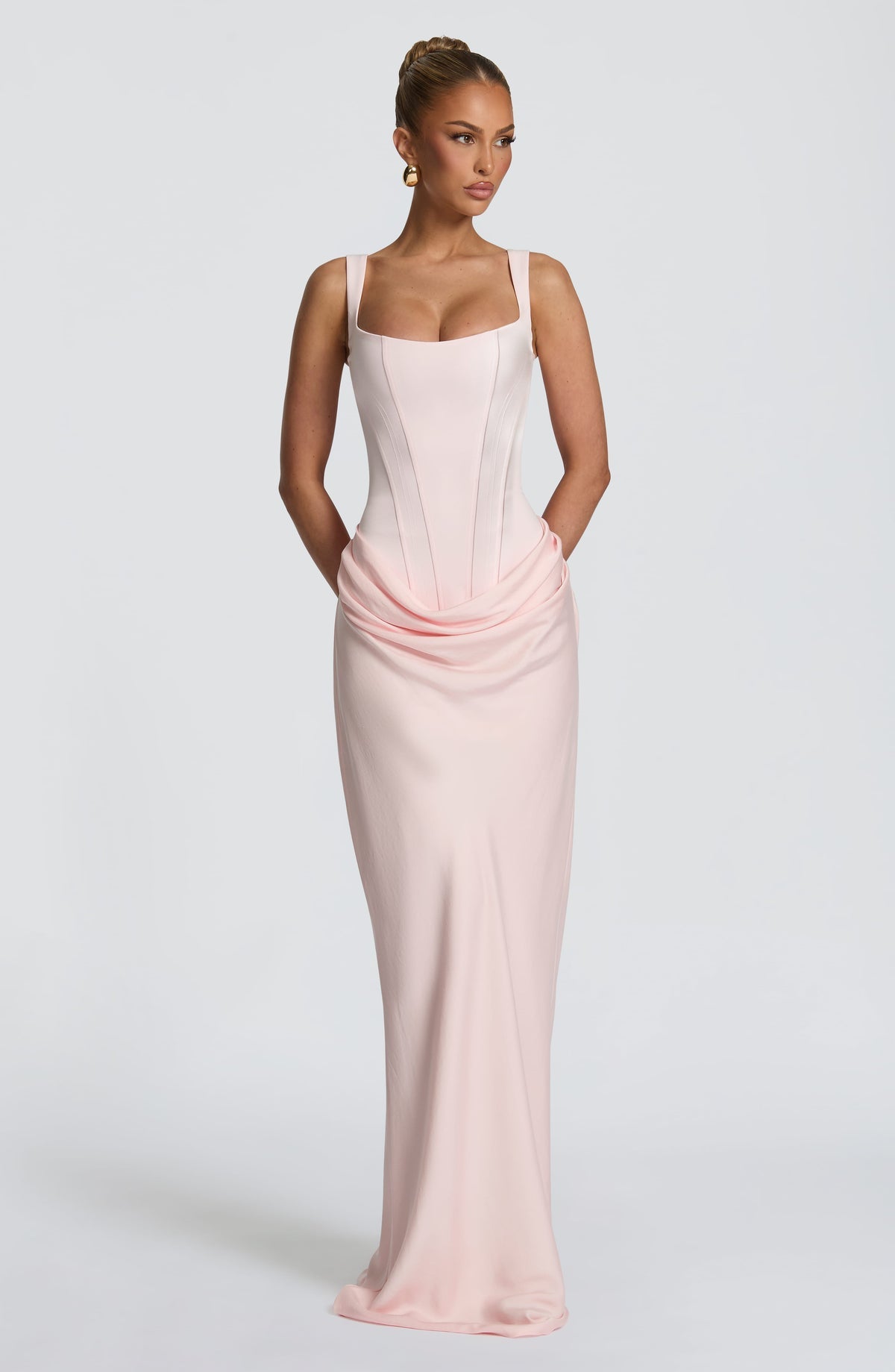 Cornelia Maxi Draped square Neck Maxi Dress (Pink)
