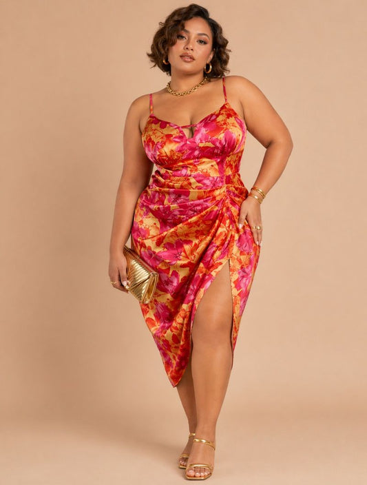 Elysia Colourful Floral Print Summer Satin Plus Size Dress (Orange