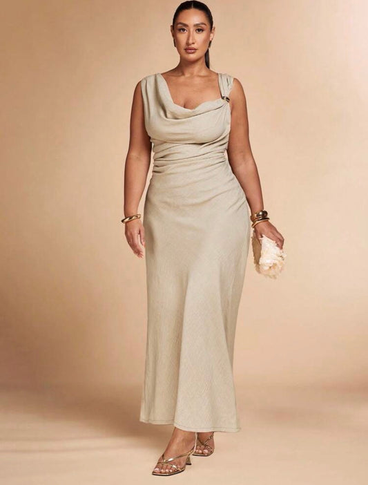 Kaia Collar Ruched Side Buckle Plus Size Dress (Khaki)