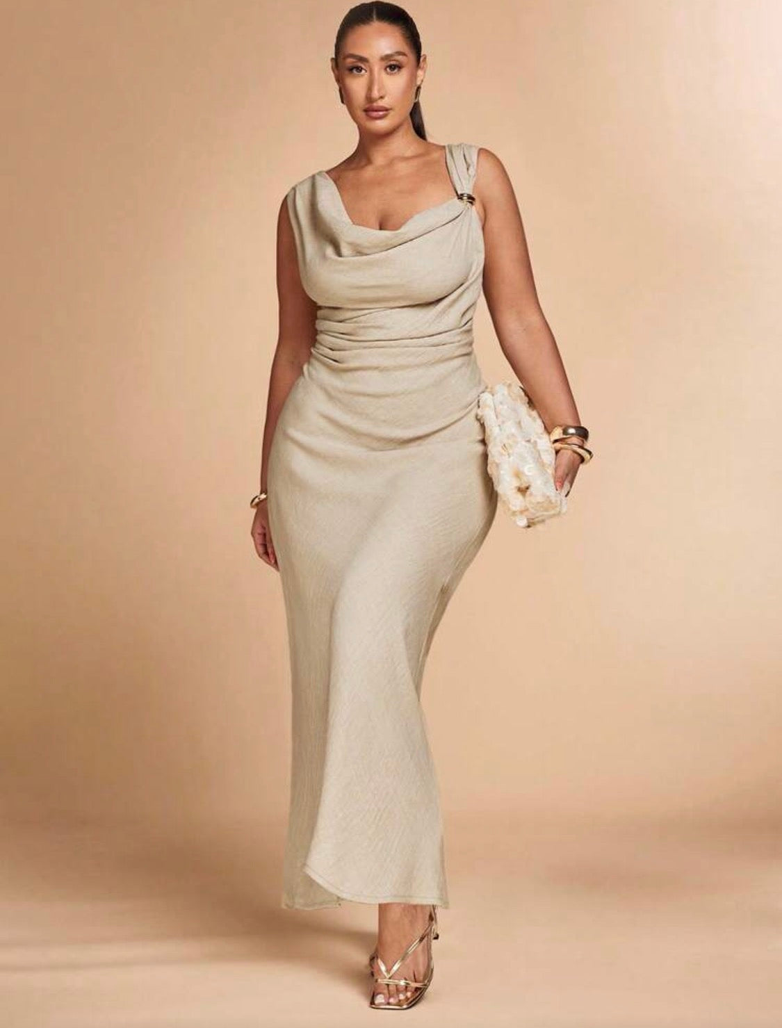 Kaia Collar Ruched Side Buckle Plus Size Dress (Khaki)