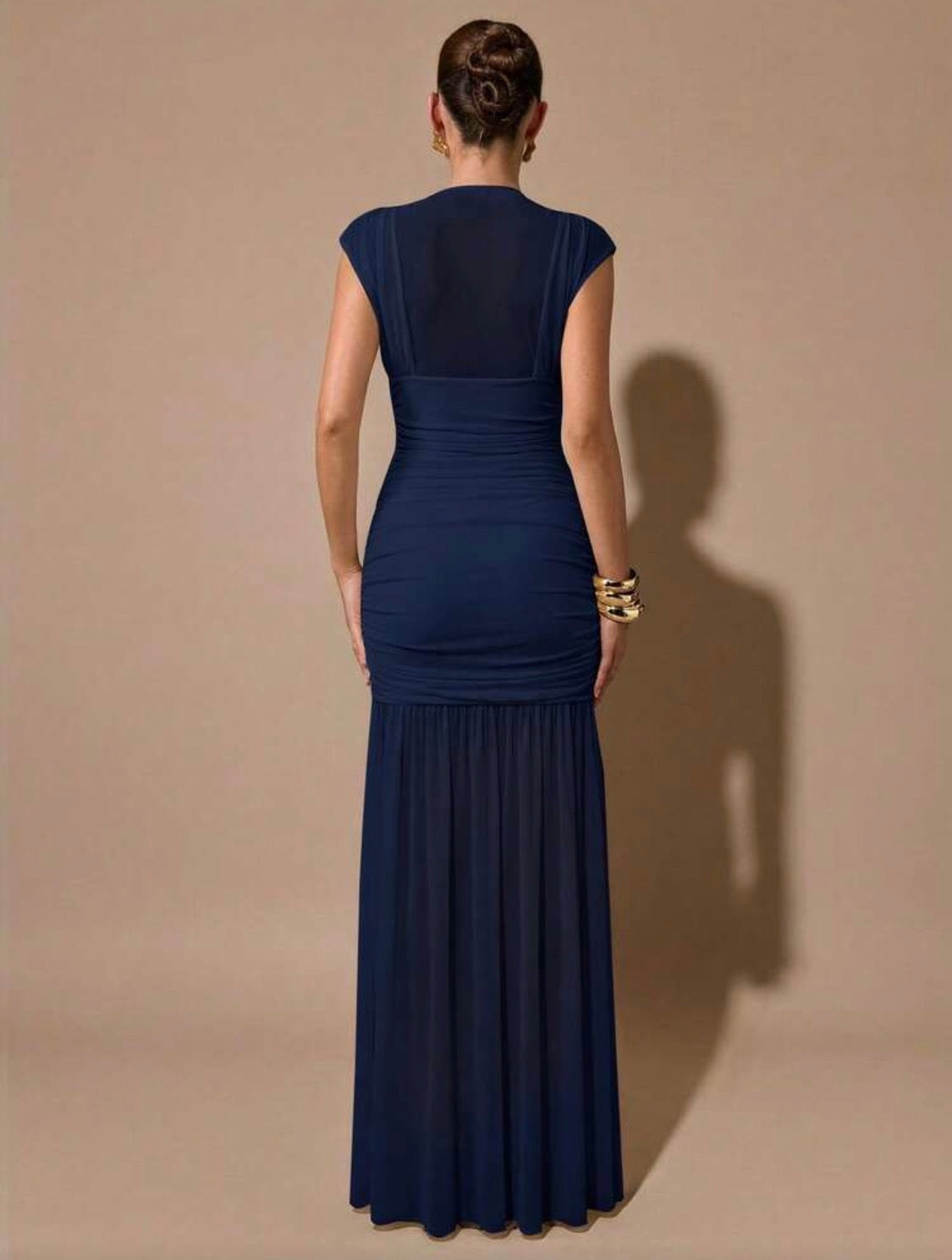 Kamila Wrap Shawl Elegant Sheet Bottom Mermaid Ruched Dress (Navy Blue)