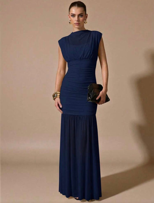 Kamila Wrap Shawl Elegant Sheet Bottom Mermaid Ruched Dress (Navy Blue)