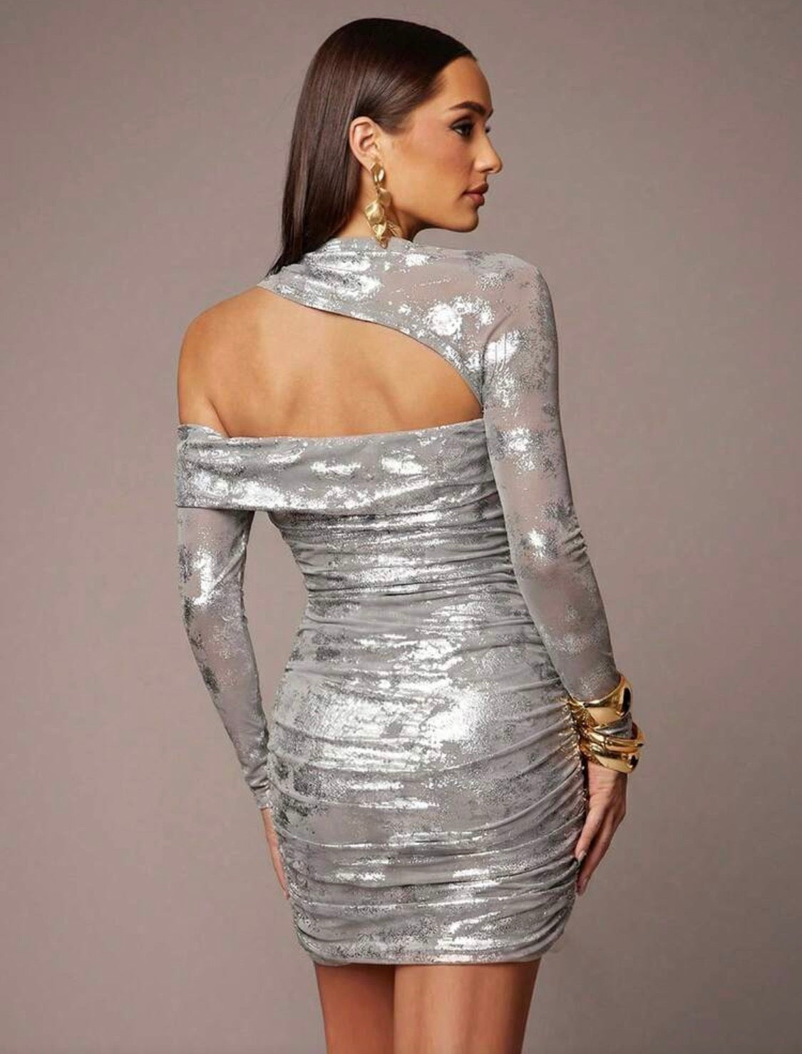 Tinkle Silver Foil Asymetrical Long Sleeves Mini Mesh Dress (Silver)